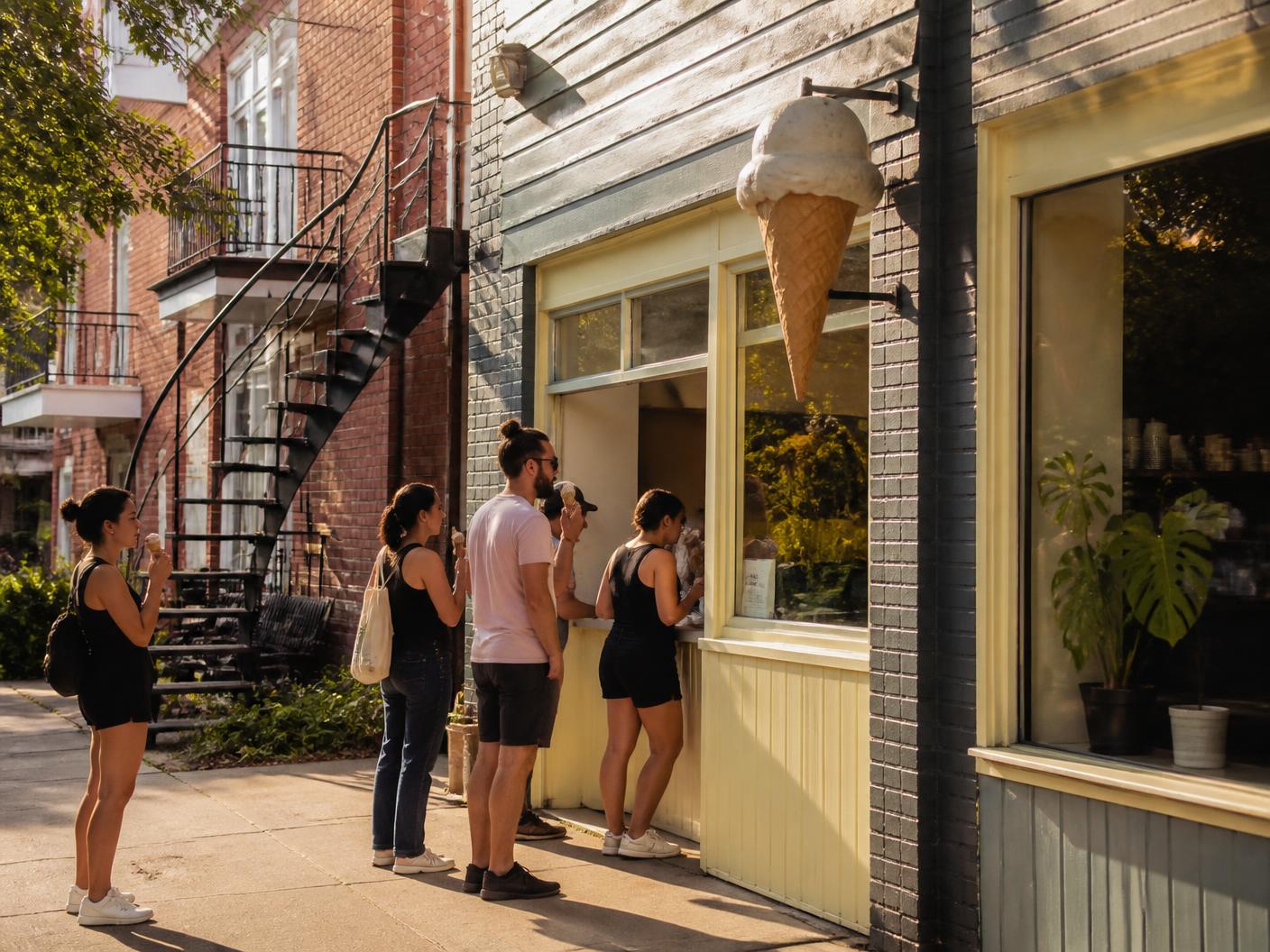 Devanture de Hoche Glacé sur l'avenue Bennett, avec la file du quartier un après-midi d'été